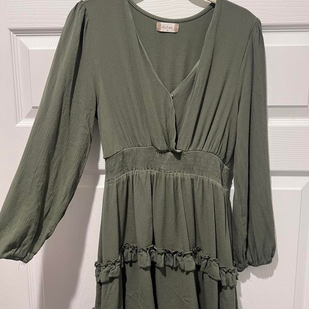 Altar'd State Olive Green Ruffle Mini Dress Long Sleeve Smocked Waist Size M